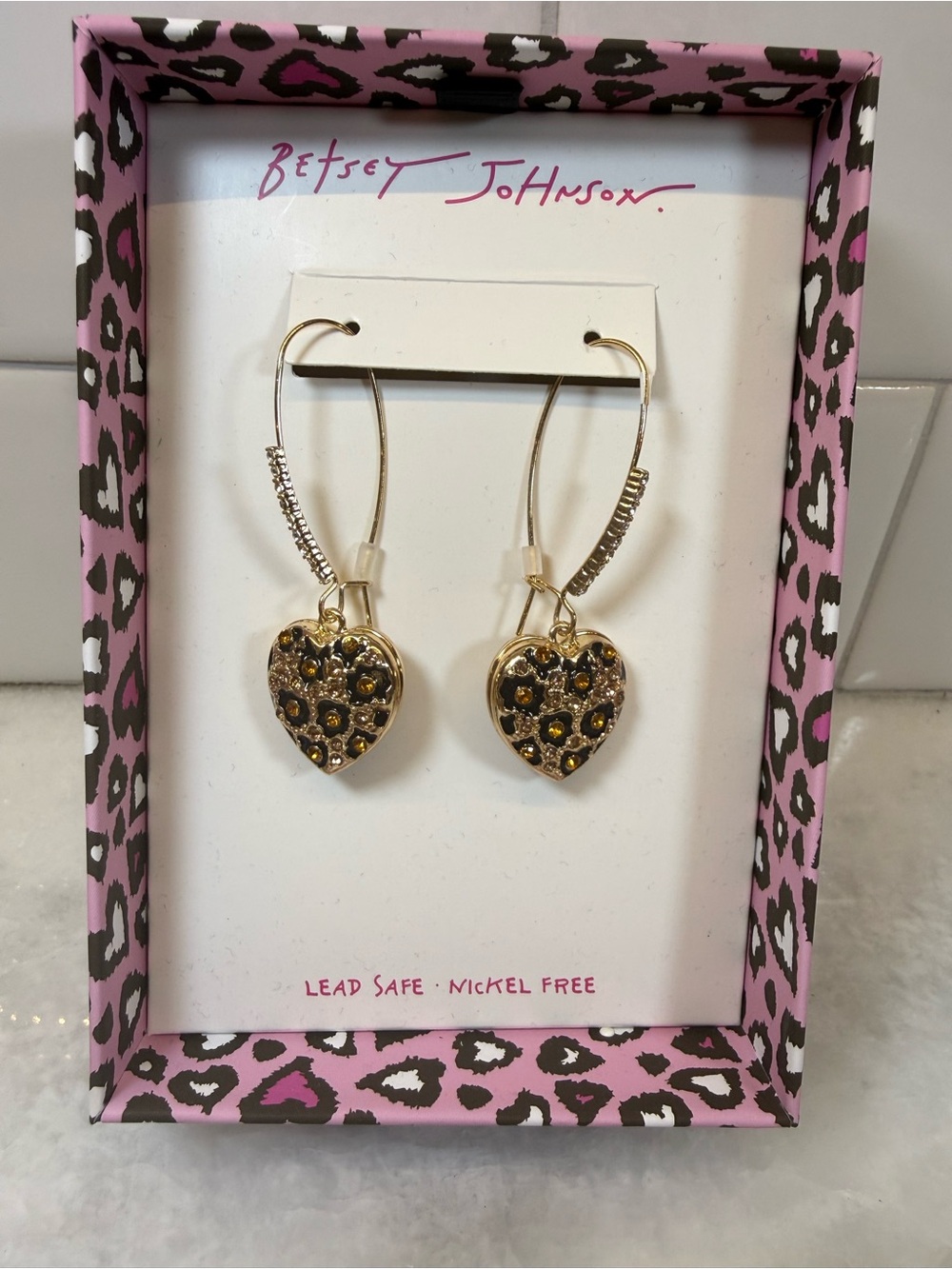 Betsey Johnson Gold Tone Leopard Heart Drop Earrings Crystal Accents NWT